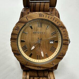 Bewell Mars Watch Men Brown Zebra Wood Date Window New Battery 7.25 Inch
